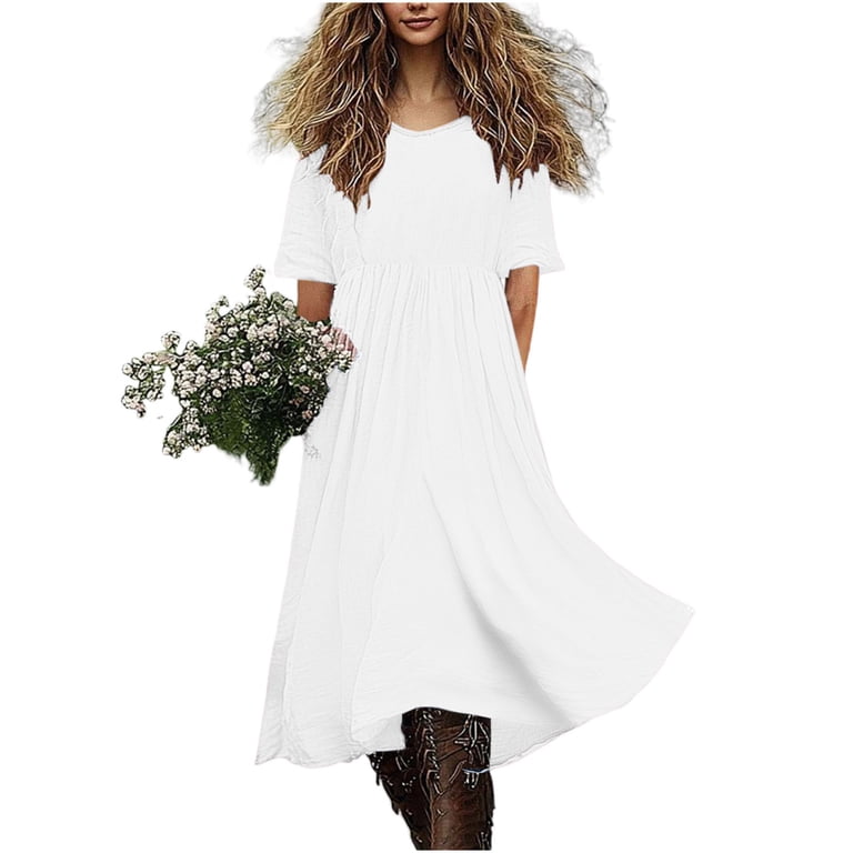 simple white flowy dress Cotton Linen Womens Maxi V Neck Short Sleeve Casual Boho Style Summer Long Pleated Dress colour: black-long-sleeve-wrap-midi-dress