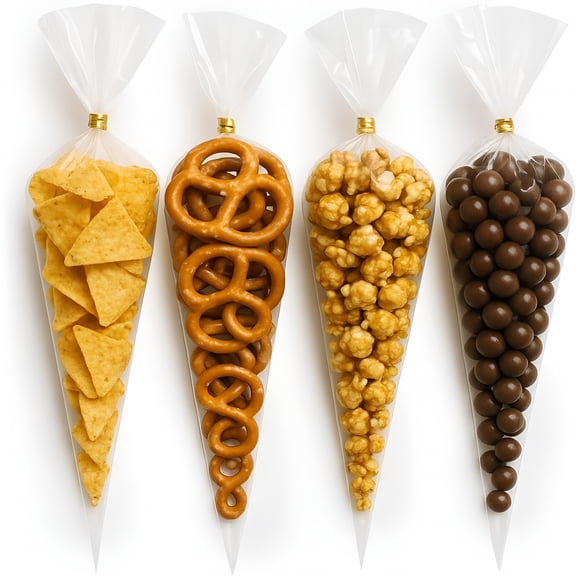 CCOCC Cone Shaped Treat Bags 100 Pcs 6.3X11.8 Inches Clear Plastic Popcorn Bags with Ties Party Favor Candy for Gift Giving,Packaging Snack,Products