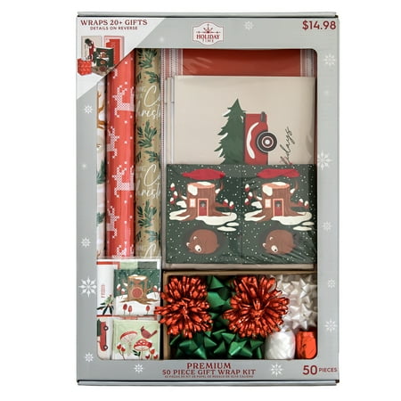 Holiday Time Premium Gift Wrap Kit, 50 pieces, 3 Rolls Gift Wrapping Paper, 2 Gift Bags, 4 Gift Boxes, 10 Gift Tags, 20 Gift Labels, 11 Gift Bows, Farmhouse Collection, Red Green