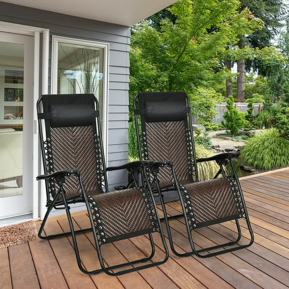 Gymax Set of 2 Folding Rattan Patio Zero Gravity Lounge Chair Recliner