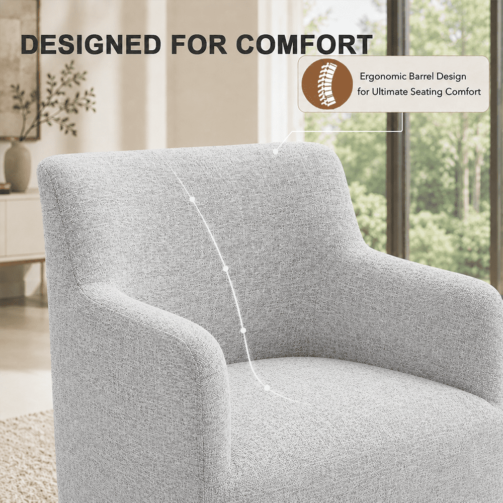 Aenkyo Upholstered Dining Arm Chair with Casters, Barrel Back Rolling Accent Chair, Feather Gray