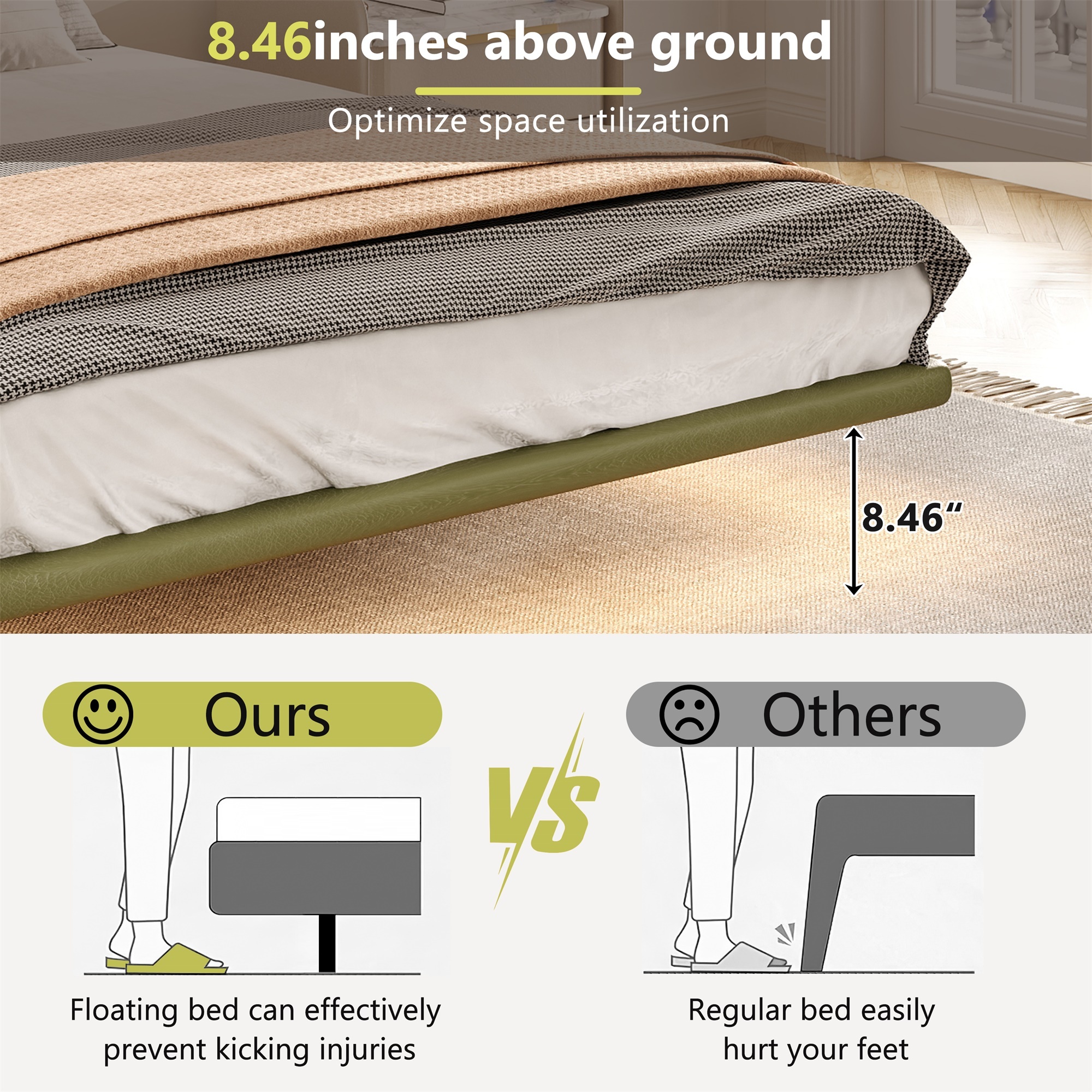 Alvantor Full Size Floating Bed Frame with LED Lights, Upholstered Leather Platform Bed for Bedroom Green