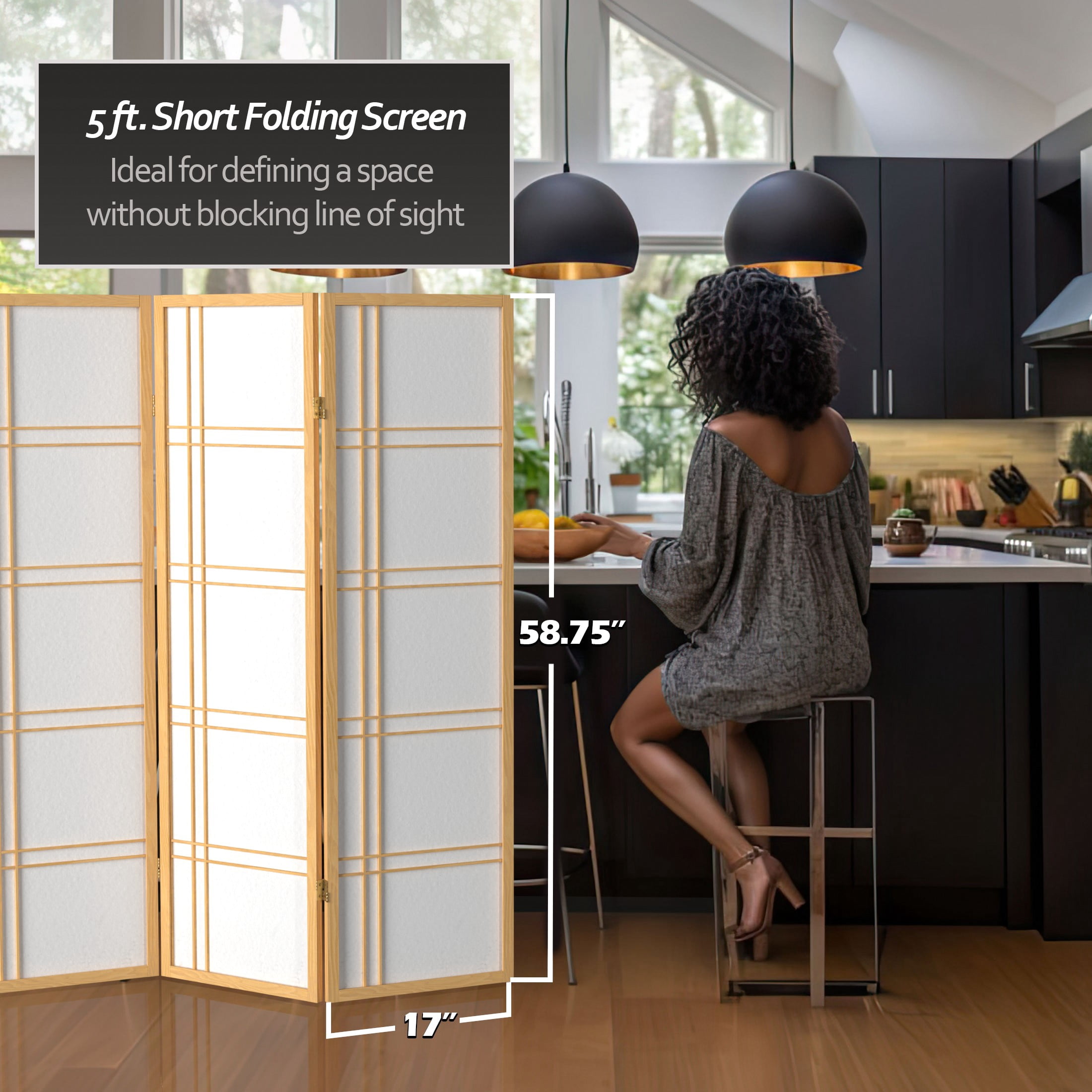 5 ft. Tall Natural Japanese Shoji Screen Divider with Double Cross Lattice, 6 Panels, Standing Mount