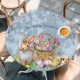 thumbnail image 2 of Happy Easter Round Tablecloth, Fitted Table Cover with Elastic for 55"-60" Round Tables, Spring Easter Eggs Bunny Floral Blue Wood Table Cloth Outdoor Indoor Dinning Party Waterproof Tablecloths, 2 of 7