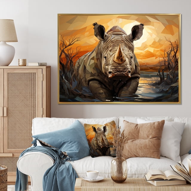 Designart art Mural Encadré Rhinocéros, Majestueux Rhinocéros Géométrique, Décoration Murale Encadrée Rhinocéros, art Mural Moderne Gris Doré, 40x30 Pouces Cadre Doré