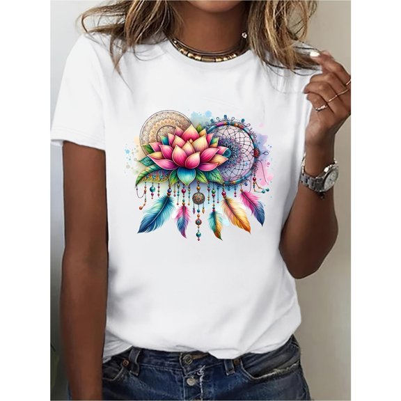 Women's Chakra Lotus T-Shirt Glossy Bohemian Graphic Tee Top Round Neck Short Sleeve White S-5XL