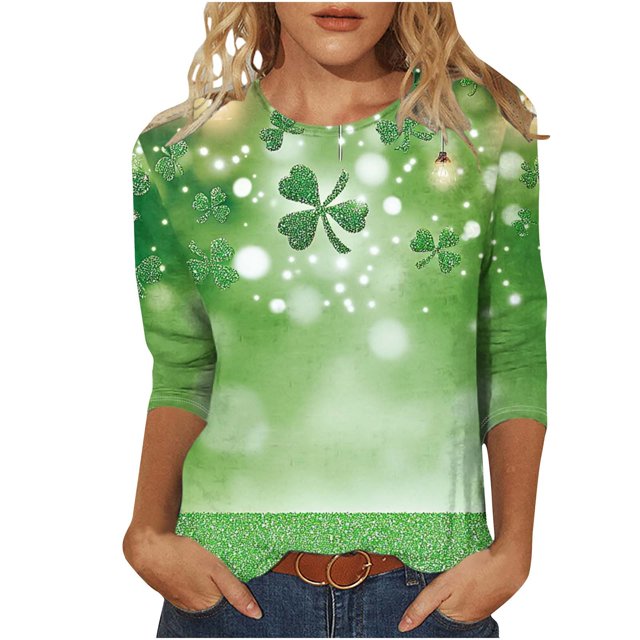 ZVAVZ T-Shirts Graphiques pour Femmes, Blouse Décontractée à Manches 3/4 Trèfle Chanceux, Grande Taille, Col Rond, Patchwork Printanier, Vert, G