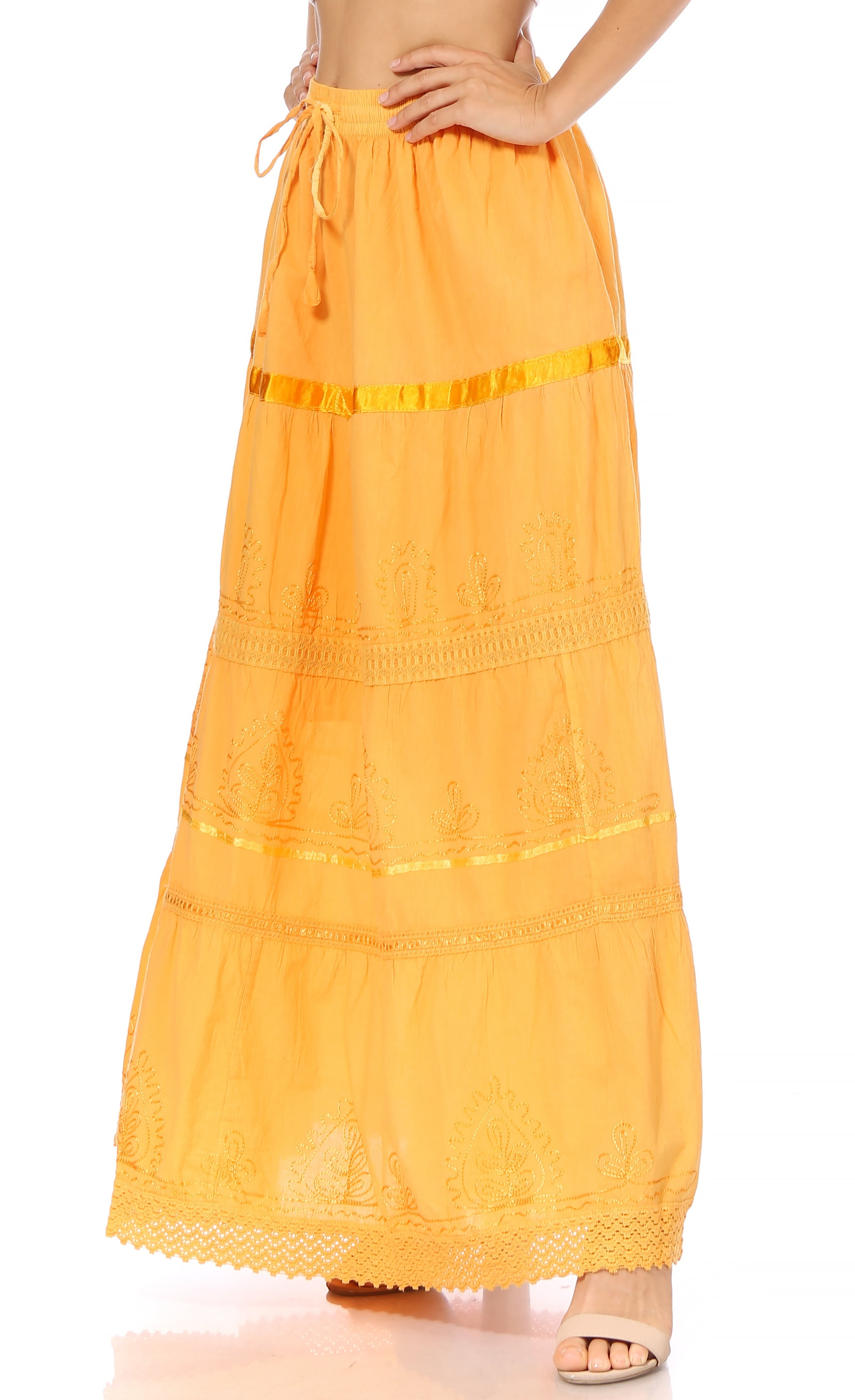 Sakkas Solid Embroidered Gypsy / Bohemian Full / Maxi / Long Cotton Skirt -  Yellow - One Size - Walmart.com
