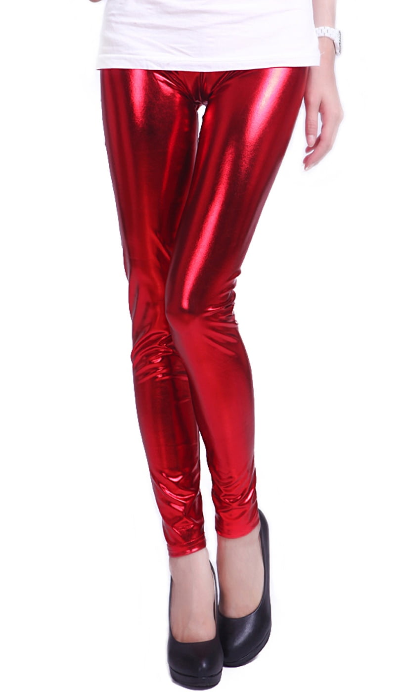 red wet look pants