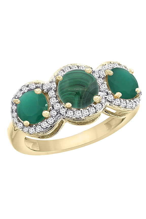 14K Yellow Gold Natural Malachite & Emerald Sides Round 3-stone Ring Diamond Accents, size 7.5