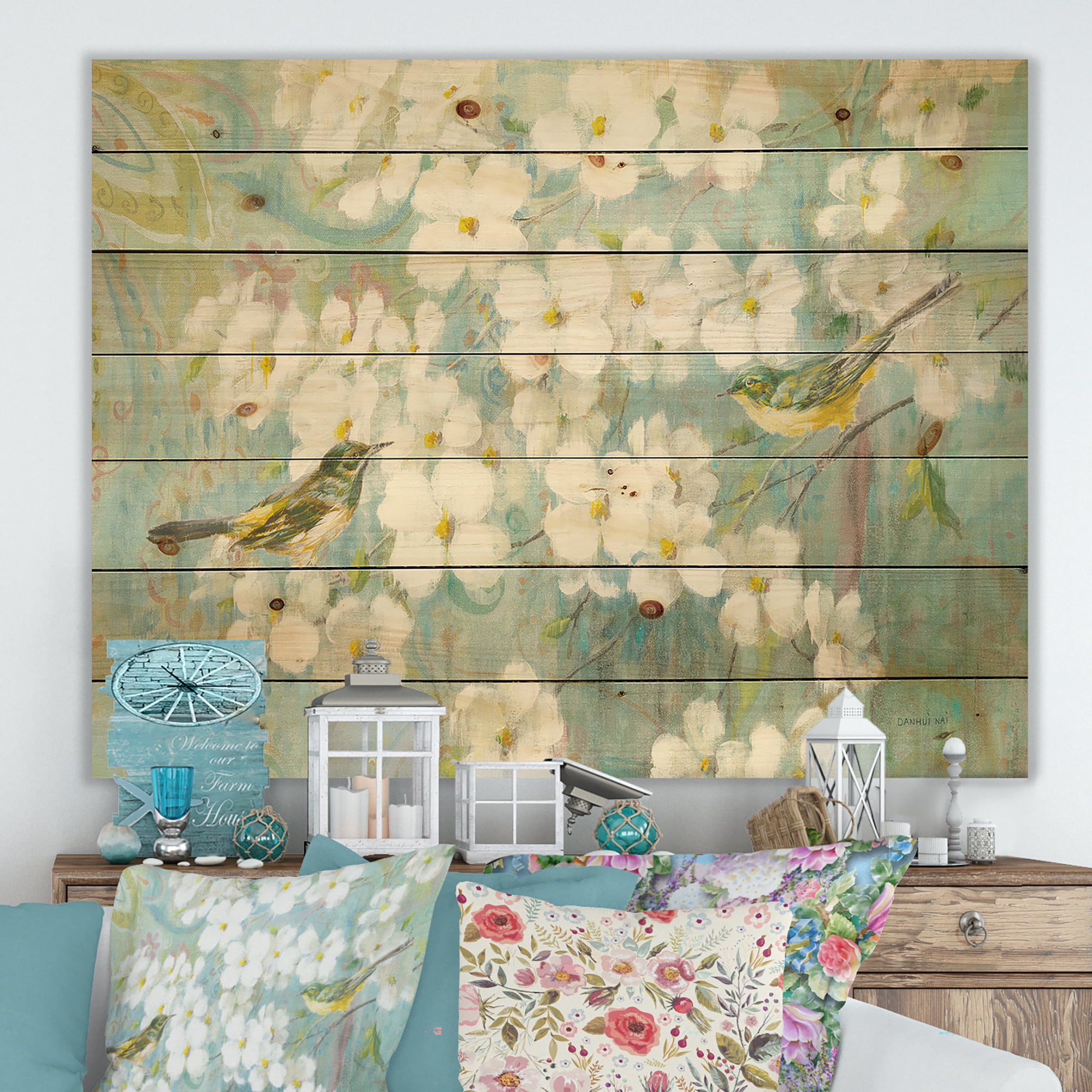 Designart 'Birds Sitting on Blossom Branch' Traditional Print on Natural Pine Wood