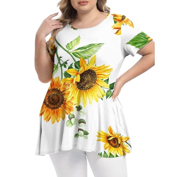Mengpipi Womens Casual Scoop Collar Plus Size T Shirts Summer Tops Swing Tee Tunic Tops for Leggings, 03 Floral Sunflower-2X