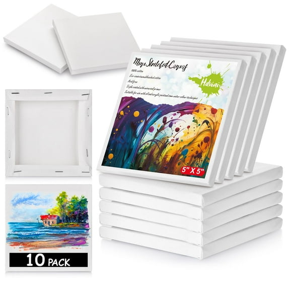 Mini Stretched Cotton Canvases 5x5 Inches, 10 Pack Small Square Painting Panels for Art Projects, Home Decor Craft Supplies, Classroom Activities, White