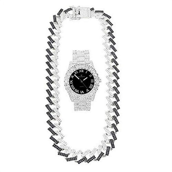 Charles Raymond Blinged Out Hip Hop Rolly Looks with Iced Out Wristwatch Trim and Band with Matching Zig Zag Blinged Out Necklace Sets - ZZ Necklace Set (ST10327 SLV/BlkPanther)