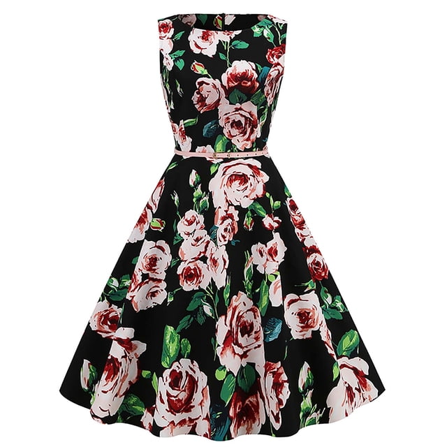SMihono Robes Bohèmes d'Été pour Femmes Grande Taille Mode Col Rond Sans Manches Vintage Imprimé Fête Cocktail Robes Évasées Robes Extensibles Évasées