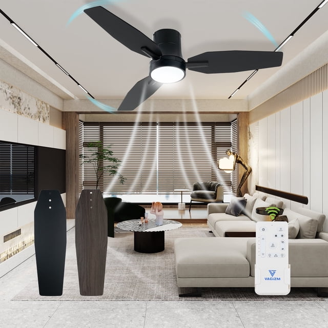 Vagizm Ventilador de Techo Empotrado de 42 Pulgadas con Luz - Ventilador de Techo Moderno de 3 Aspas para Sala de Estar y Recámara - Motor CC Silencioso - Regulable - Función Reversible - Negro
