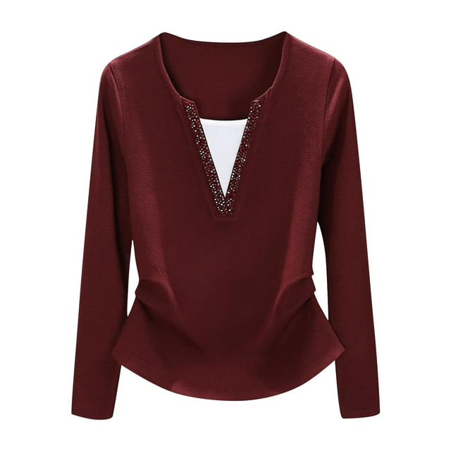 Timegard Hauts d'Automne pour Femmes Manches Longues Blouse à Col Rond Froncé Tunique Décontractée Habillée