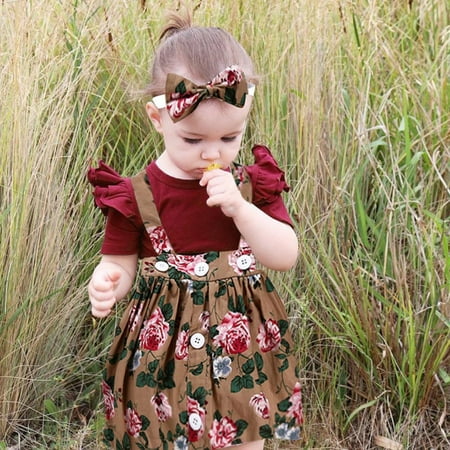 

EHTMSAK Infant Baby Toddler Children Girl 3PCS Short Sleeve Clothing Set Bodysuit and Floral Suspender Skirt Set Ruffle Outfits Summer with Headband Multicolor 6M-2Y 90