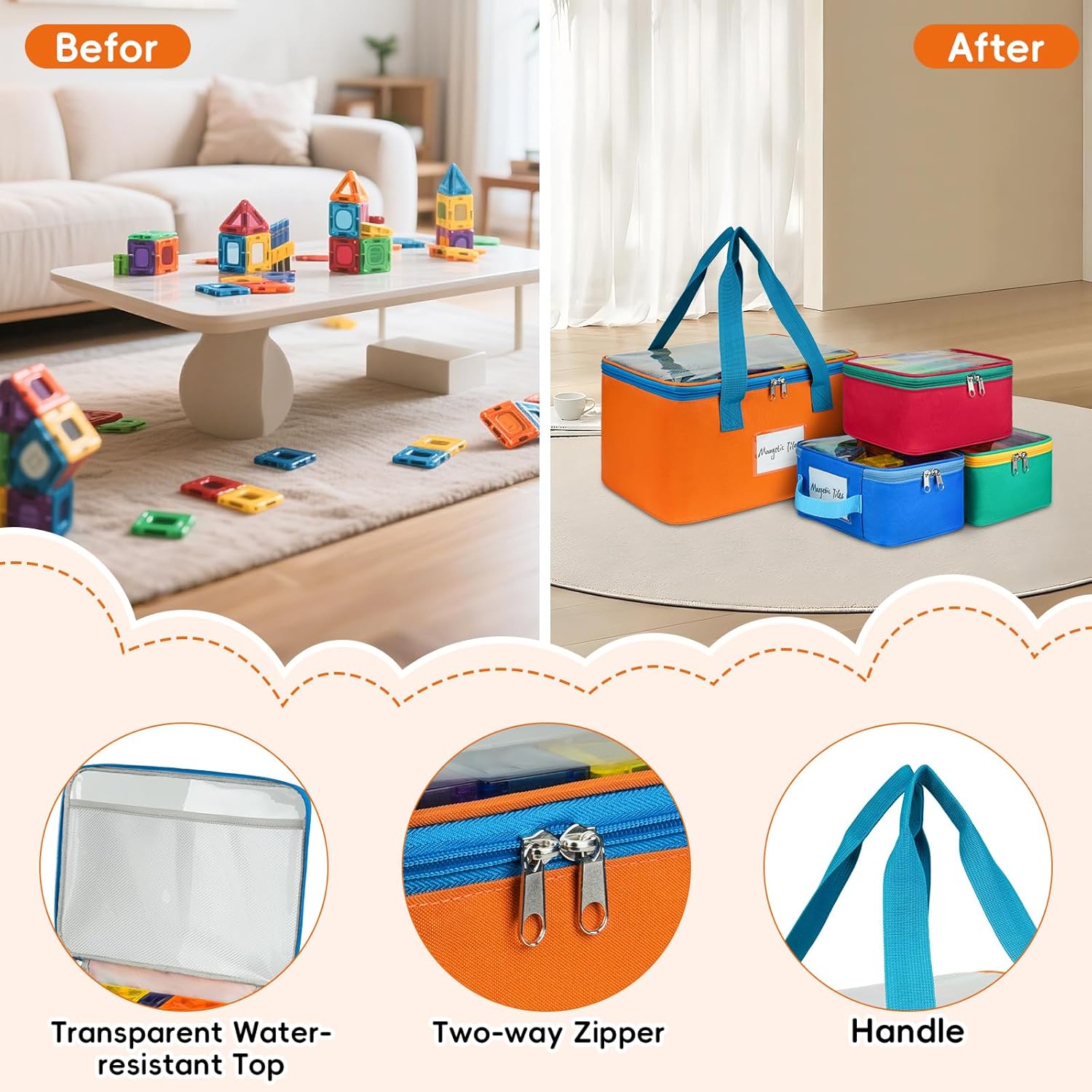4 Packs Magnetic Tiles Storage Bags,Magnetic Tiles Storage Bin,Toy Organizer Case with Mesh Pocket and Tag Pocket for Magnet Building Tiles,Board Game,Puzzle and  Bricks