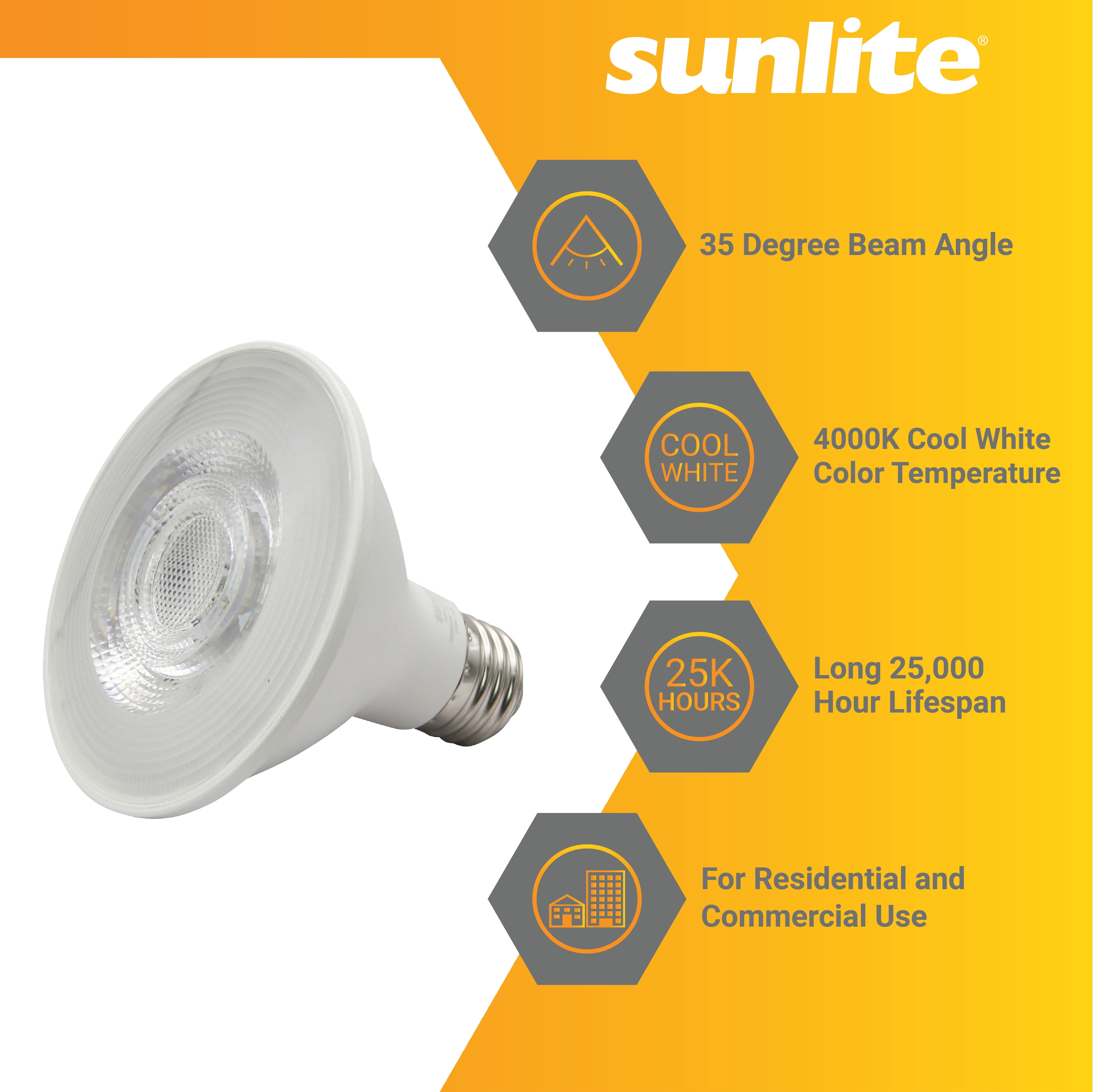 Sunlite LED PAR30 Reflector Light Bulb, 9 Watts (75W=), 750 Lumens, Medium E26 Base, 90 CRI, Dimmable, Floodlight, ETL Listed, Title-20 Compliant, 40K-Cool White, 24 Pack