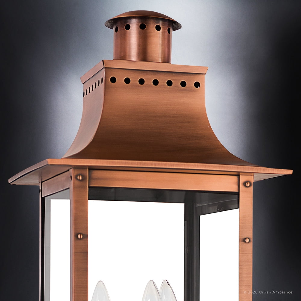 Luxury Antique Outdoor Post Light, 26.00''H x 12.00''W, with French Country Style Elements, Old World Design, Rustic Copper Finish and Clear Glass, UQL1410
