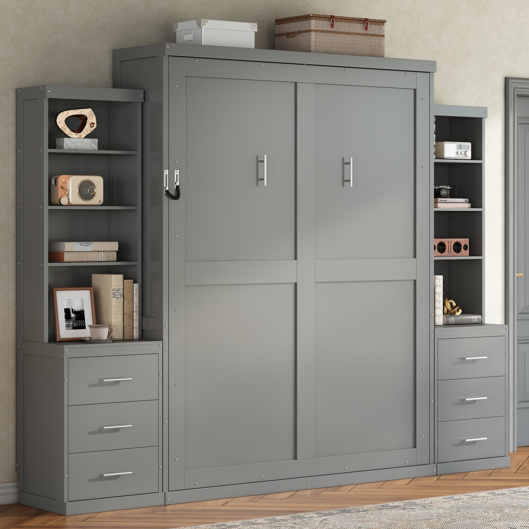 Full Size Murphy Bed with Dual 4 Storage Shelves and 3 Drawers Cabinet for Space-Saving Guest Room