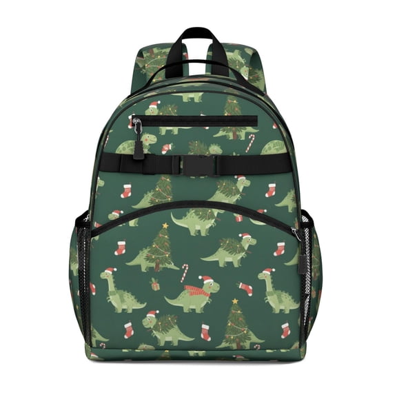 Green Dinosaurs ChristmasTrees Socks Cute School Backpack Bag for School with Padded Back and Adjustable Shoulder Straps 15.25"x11.5"x5.25"