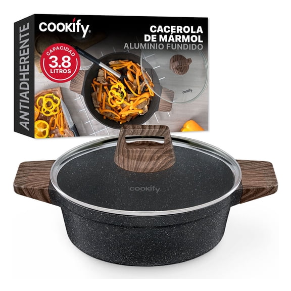 Olla Cacerola de Aluminio con Revestimiento Antiadherente Libre de PFOA Cookify (Mármol Negro, 28 cm)