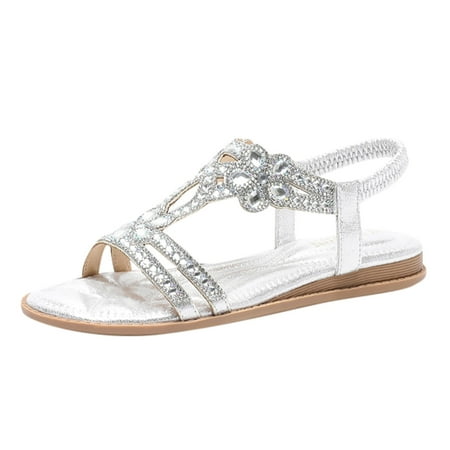 Sandals for Women Comfort Wide Sandals for Women Wide Width with Elastic Ankle Strap Casual Bohemian Beach Shoes Women Sandal Fashion Crystal Floral Casual Shoes Open Toe Low Heels Sandals