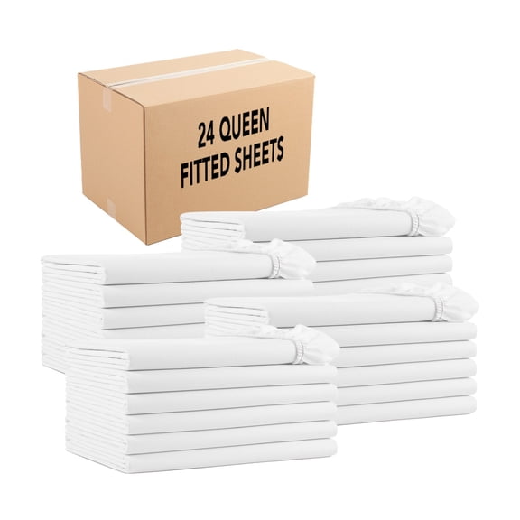 Arkwright Bulk Fitted Bed Sheets (Case of 24) - 180 Thread Count - Soft Poly/Cotton - White - Queen Size