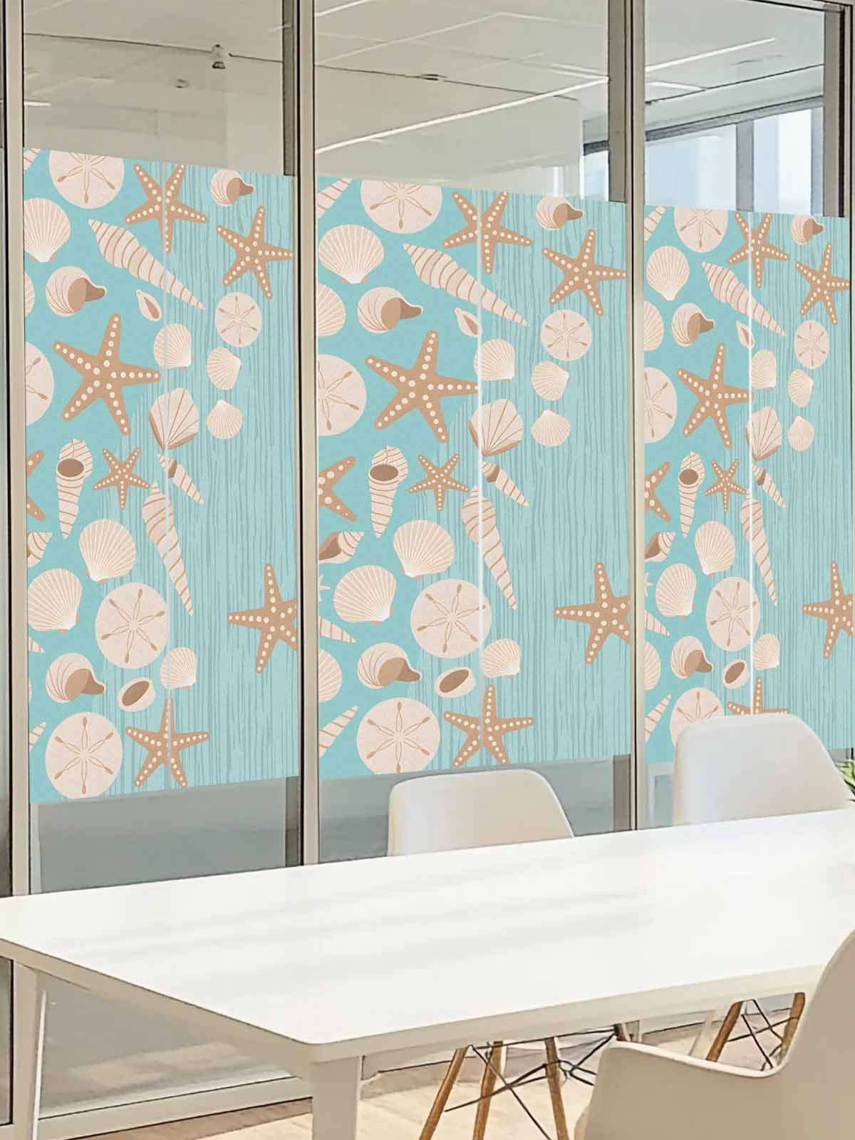 Starfish Shell Window Privacy Film, Abstract Ocean Beach Shore Teal Striped Frosted Glass Window Clings Static Cling UV Heat Blocking Reusable Door Sticker for Bathroom 23.6 x 59 Inch