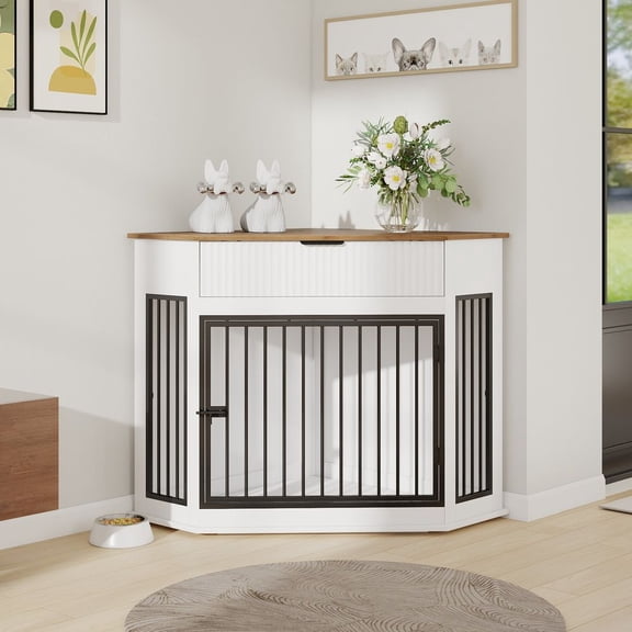 WGYPRIME 44.6'' Corner Dog Crate Furniture, Modern Decorative Dog Kennel End Table with Fluted Drawer, Space-Saving Dog Cage for Small/Medium Dogs