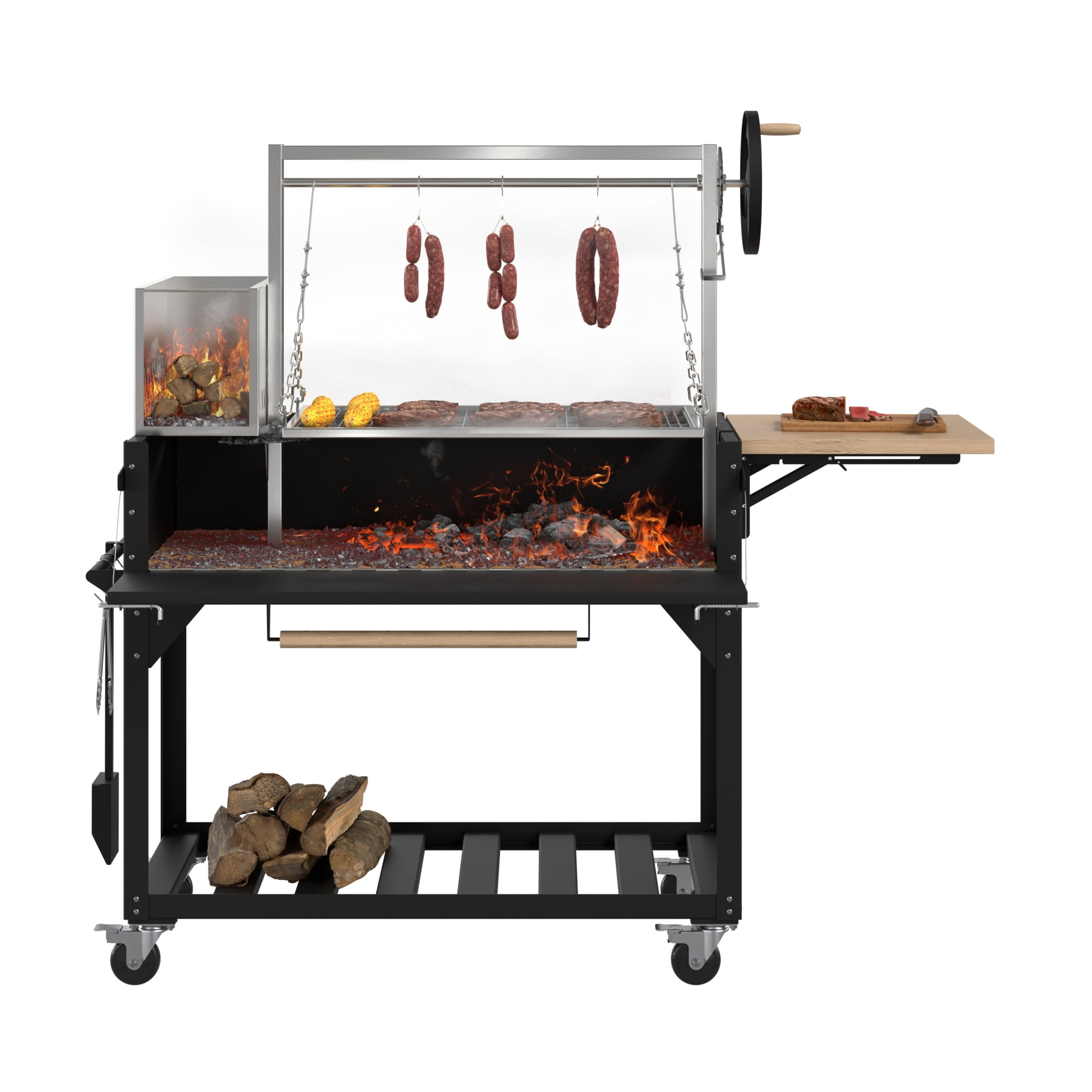 72 in. Argentine Santa Maria Charcoal and Wood Grill, Adjustable Outdoor BBQ, in Black (KM-OG-AW-72)
