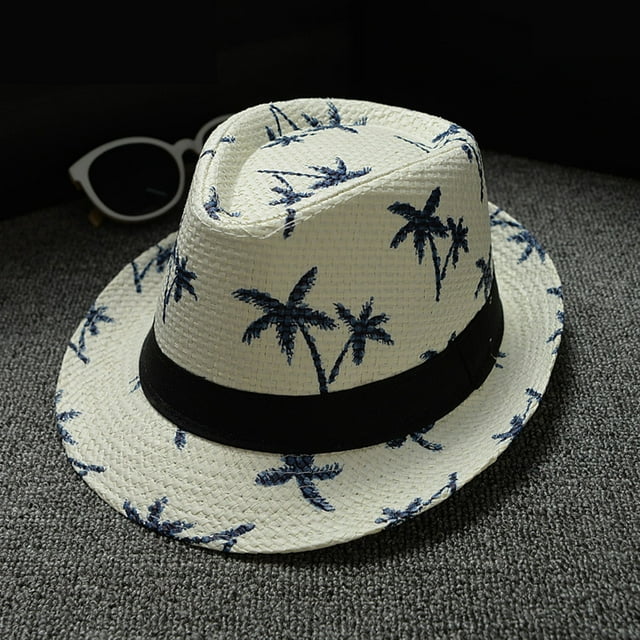 Parent Child Adult Beach Wind Travel Tree Printing Paper Straw Jazz Hat Seaside Sun Hat