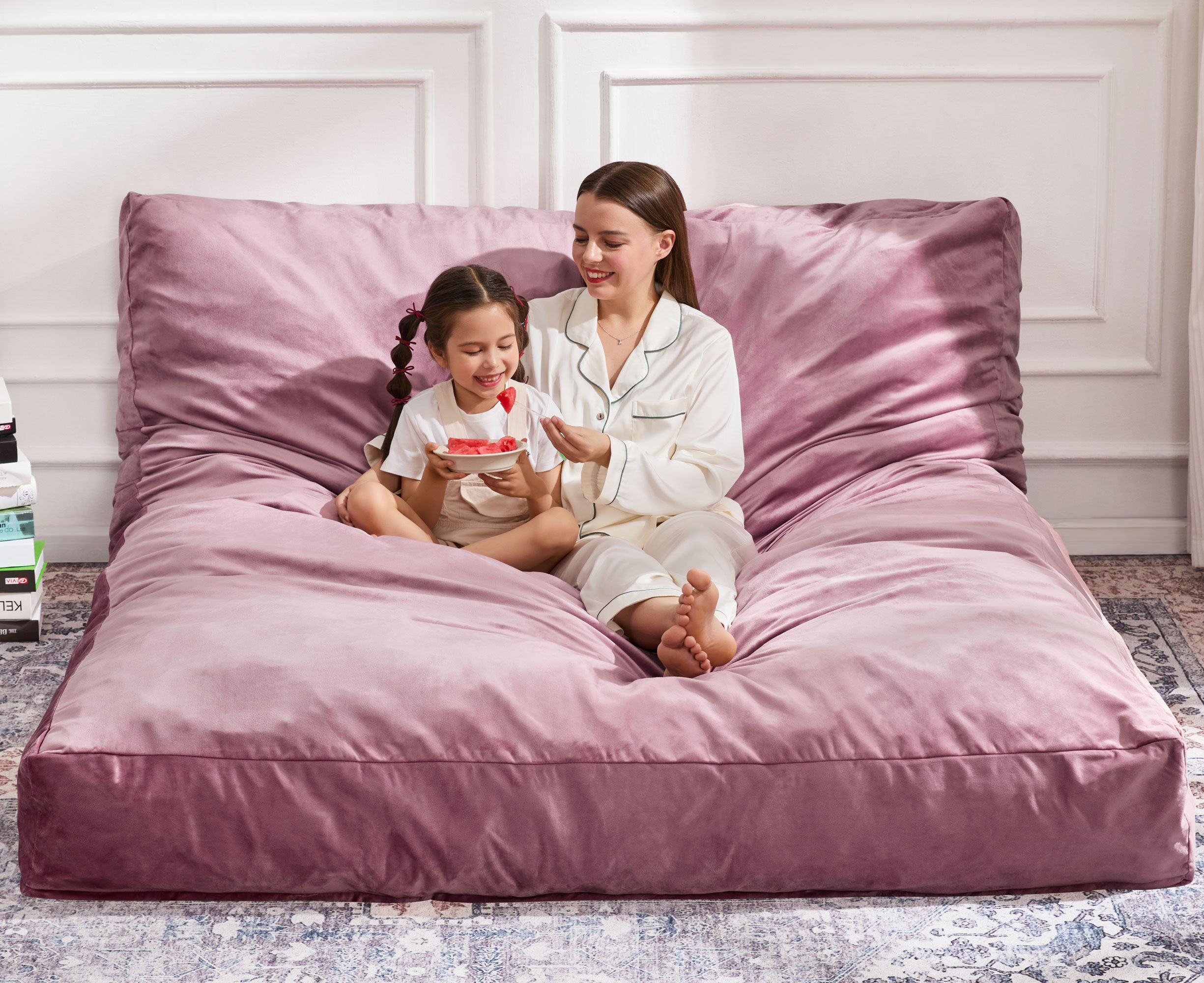 Hobestluk Bean Bag Chair 3 in 1 Beanbag Chairs for Adults, Large Bean Bags with Removable Velvet Cover, Convertible Adult Bean Bag Chair for Living Room, Bedroom, Playroom (Pink, Queen)