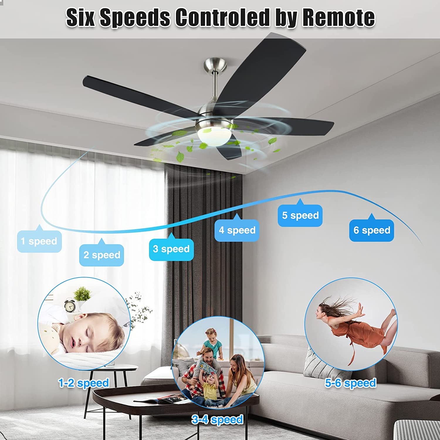 Saim Noiseless 52 Inch Black Ceiling Fan with Lights Remote Control