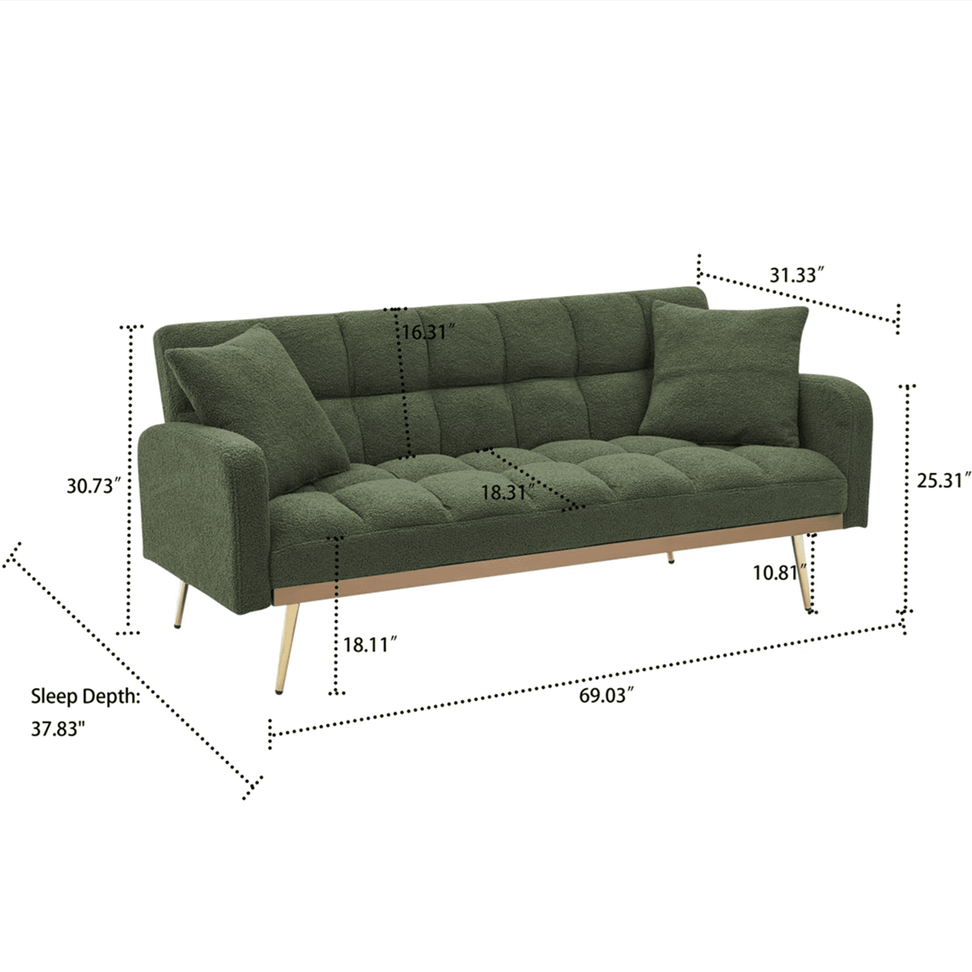 Aukfa Square Tufted Futon Convertible Sofa Bed for Home Office, 2 Pillows, Teddy Fleece, Green
