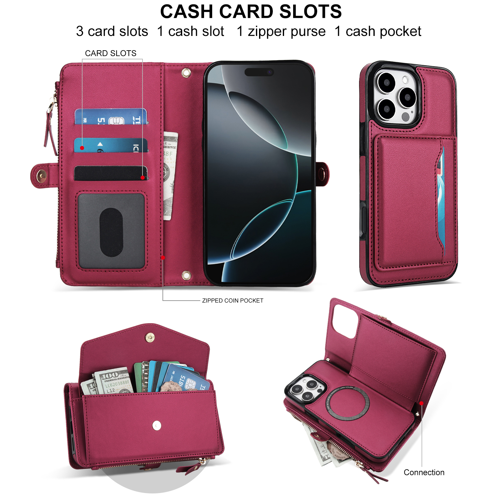 Designed for iPhone 15 Pro Multi-Function Wallet Phone Case,With Shoulder Strap&Wrist Strap,Cash Pocket&Card Slots,Zipper Purse,Magnetic Detachable PU Leather Flip Phone Case,Red
