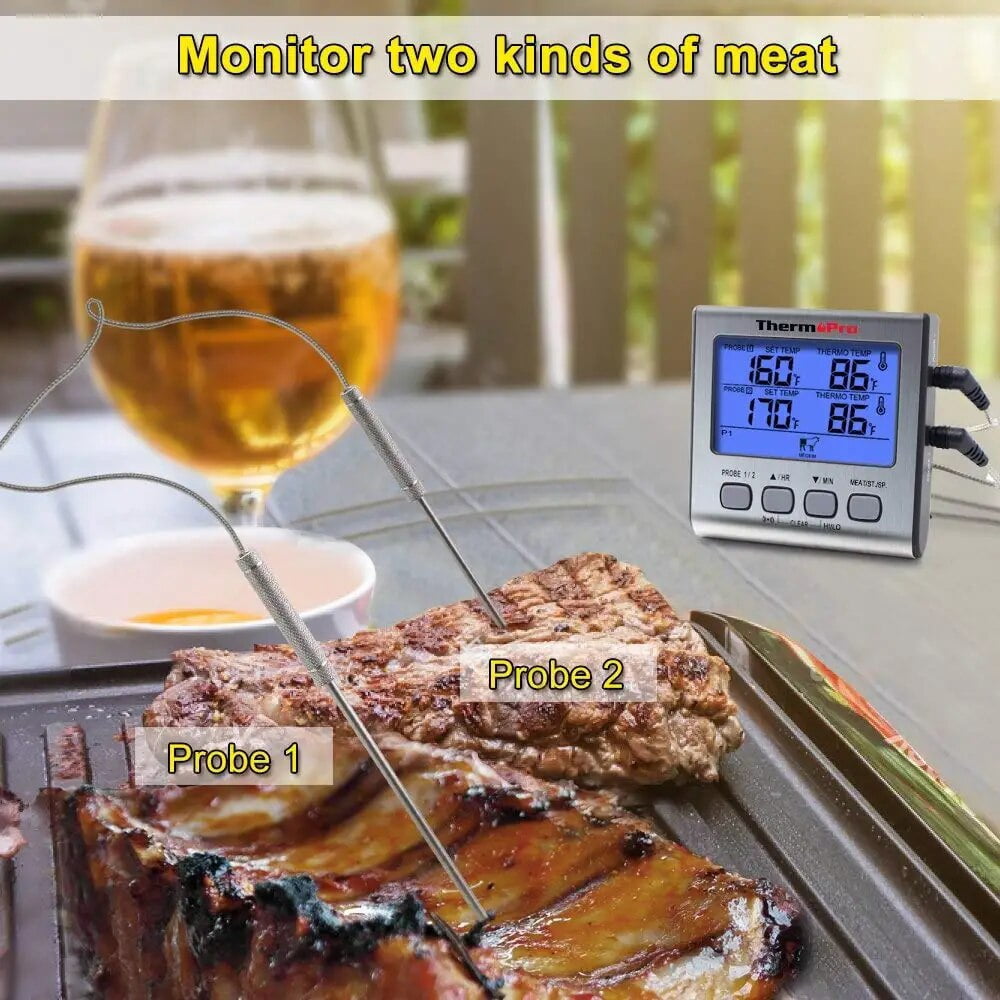 ThermoPro TP17 Dual Probe Cooking Meat Thermometer Large LCD Backlight Food Grill Thermometer with Timer Mode for Smoker Kitchen Oven BBQ