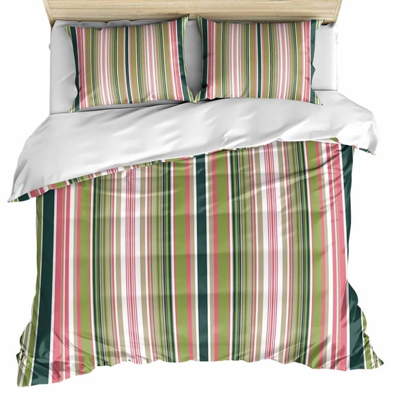 Colorful Striped Bedding 3 Piece Duvet Cover Set Queen Size, Sage Green Pink White Vertical Lines Soft Microfiber Comforter Cover with Zipper Closure & Pillowcases, FadeResistant Quilt Cover