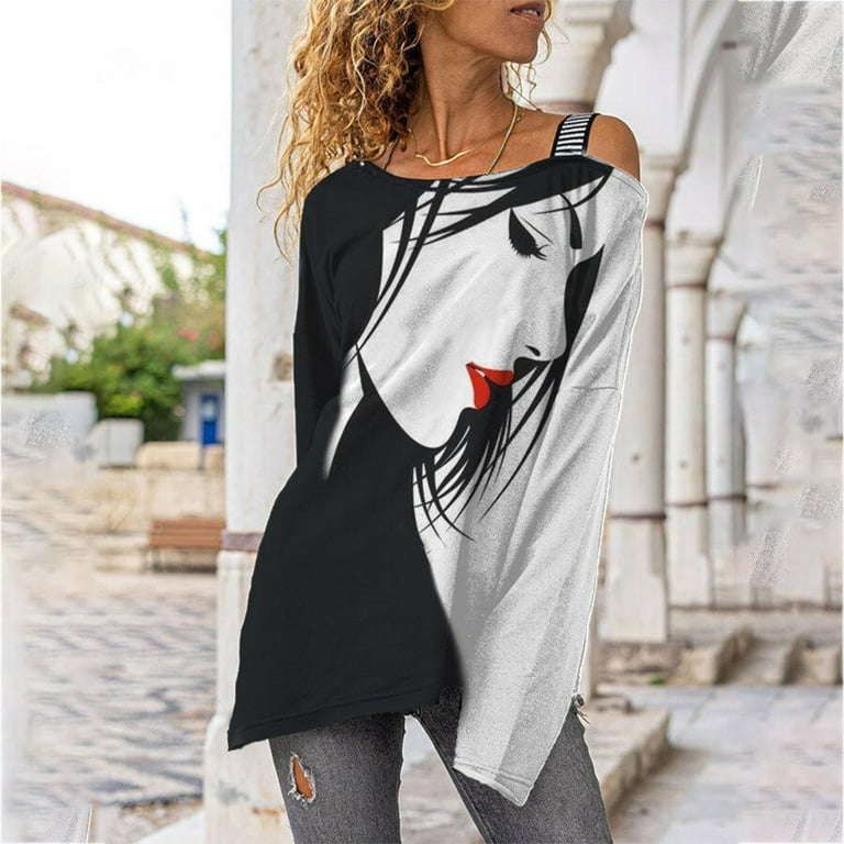 opladning Henfald Making Women's Off Shoulder Tops Long Sleeve T-Shirts Hip Hop Ethnic Style Vintage  Print Street Trendy Fashion Oversized Tee - Walmart.com
