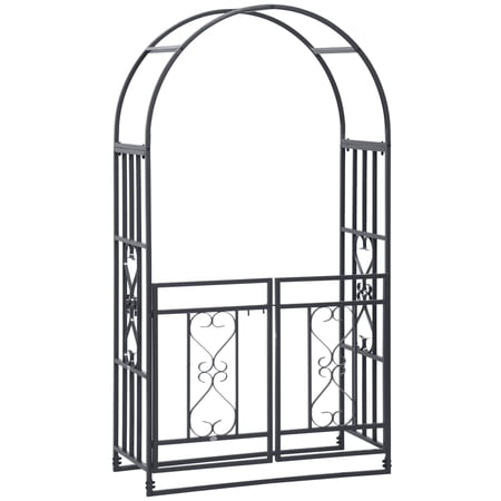 Outsunny 81" Metal Garden Arbor with Locking Double Gate, Steel Trellis Arch with Heart Motifs for Climbing Plants, Wedding Decoration and Patio Entrance, Dark Grey