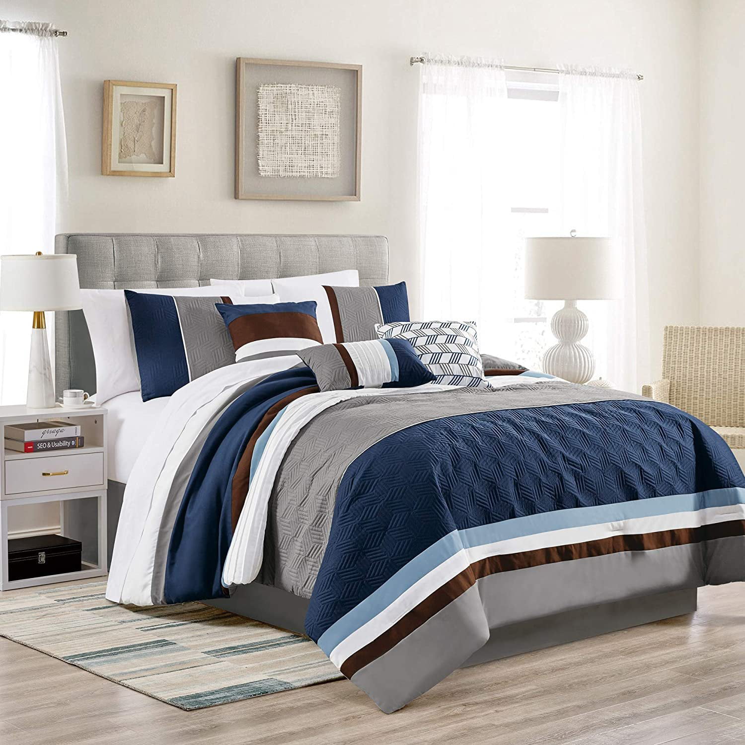Bright Patterns Navy Blue Grey White, Light Blue And Brown Bedspread