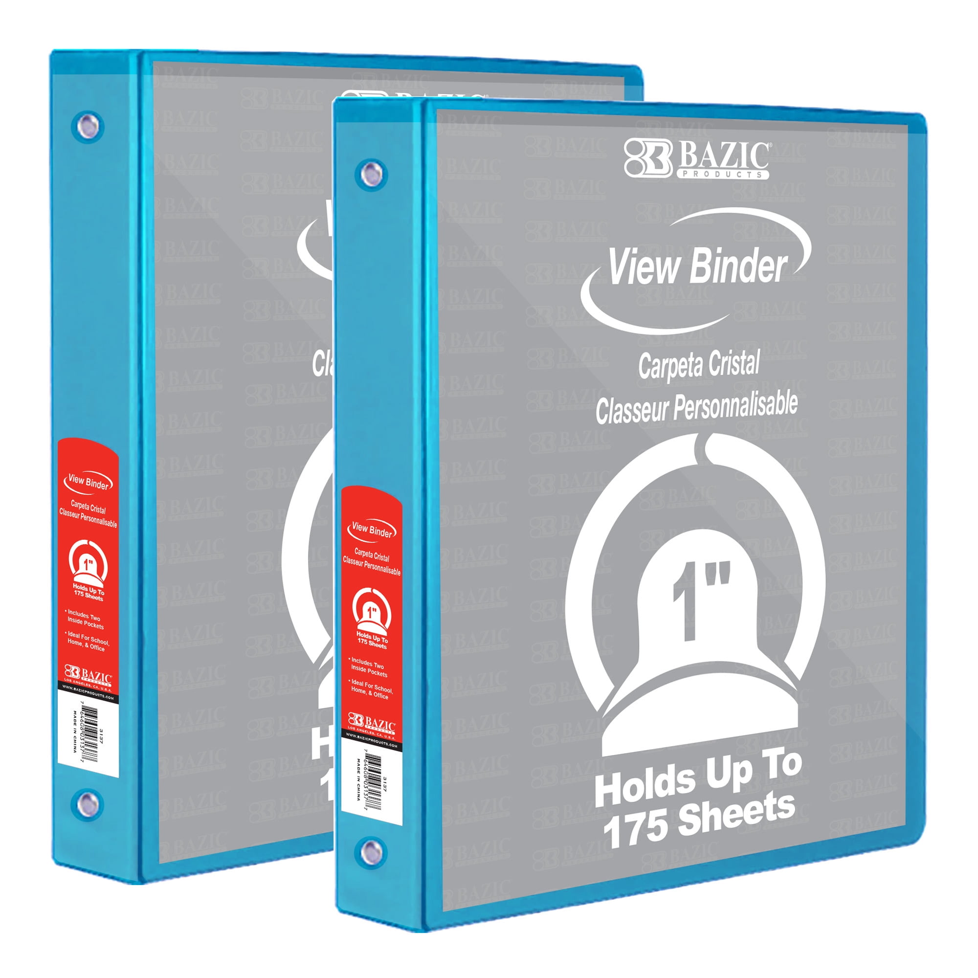 BAZIC 3 Ring Binder 1" Economy View Binders Cyan, Hold 175 Sheets, 2