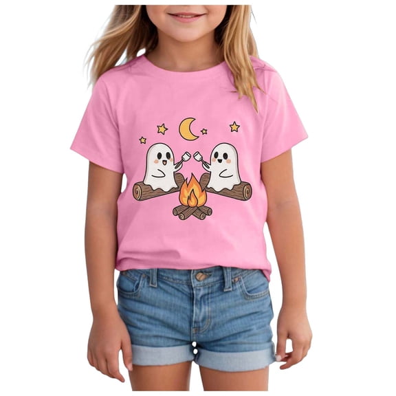Quealent Boys Girls Halloween Short Sleeve Shirts Toddler T-Shirt for Kids 3D Graphic Spooky Ghost Pumpkin Tees Top Age 3-14 Years (Pink, 7-8 Years)