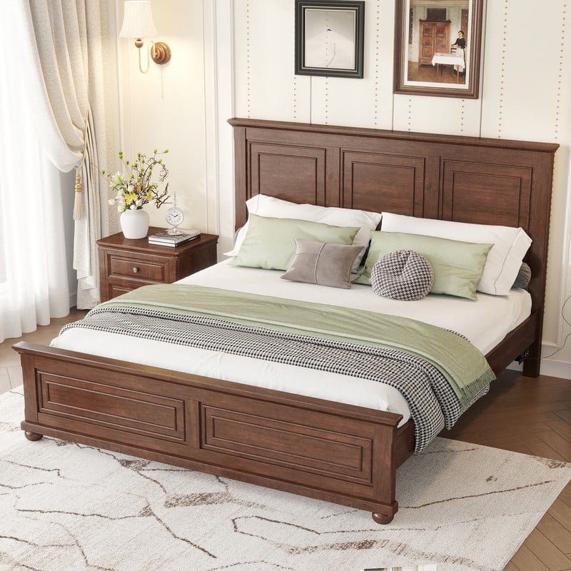 Mirightone King Size Farmhouse Bed Frame with Charging Station, Tall Headboard & Footboard, Solid Wood Platform Bed, No Box Spring Needed, Noise-Free,Walnut