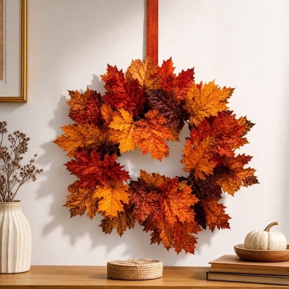 11.2" Fall Wreath for Front Door, Artificial Autumn Maple Leaves Wreath, Fall Decor for Home Farmhouse Front Door Porch Wall Window Indoor/Outdoor
