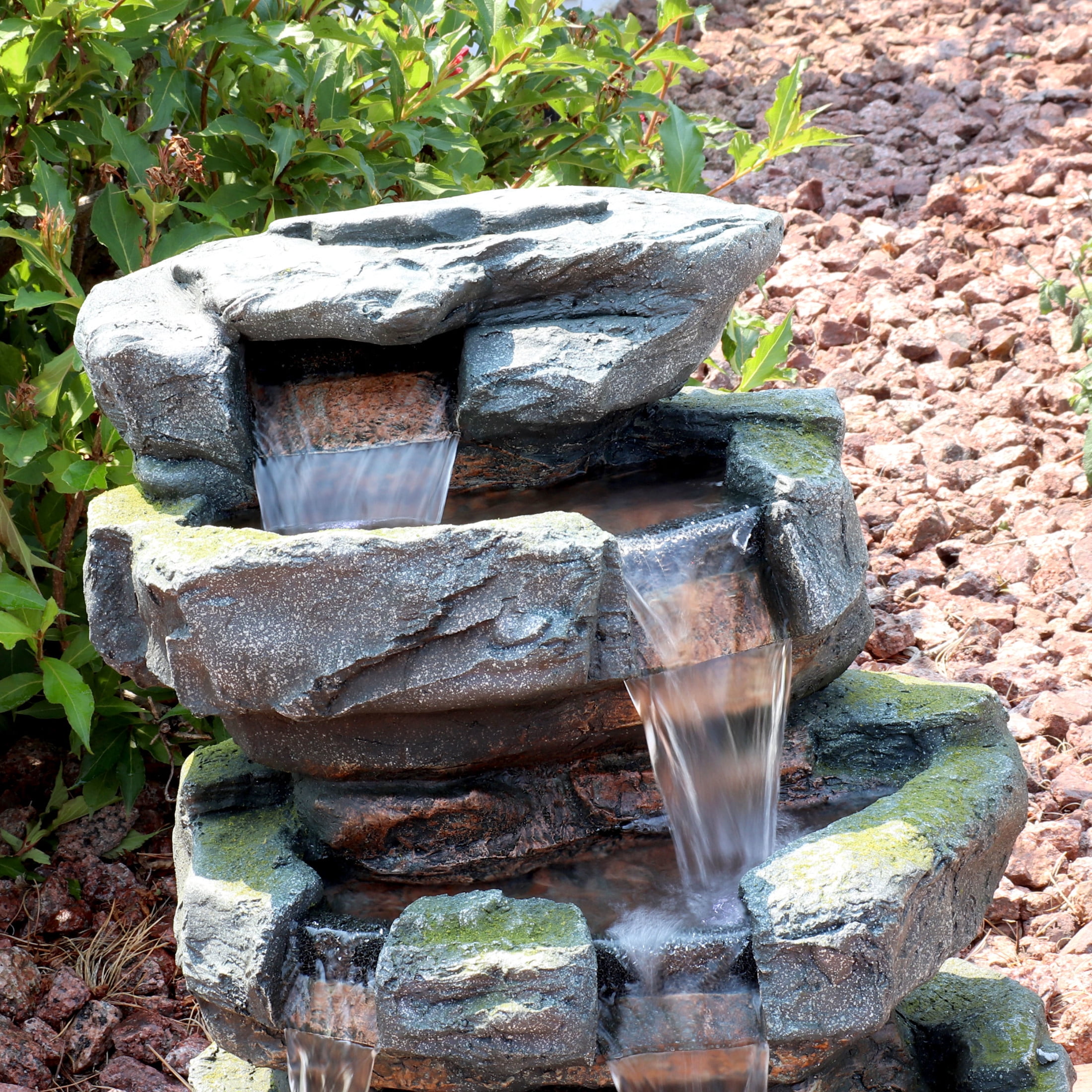 Sunnydaze Stone Waterfall Polyresin Outdoor Water Fountain with Lights