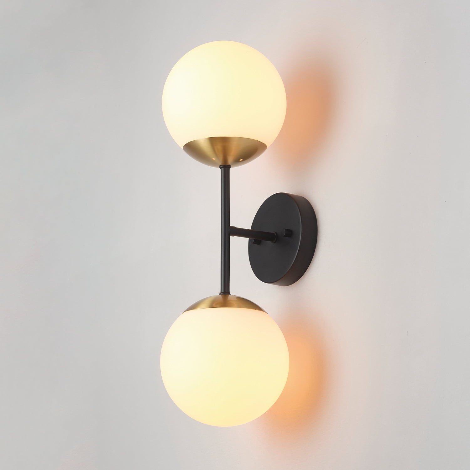 Globe Electric Indoor 2-Light Matte Black Wall Sconce with Brass Accent and Opal Shades, No Battery