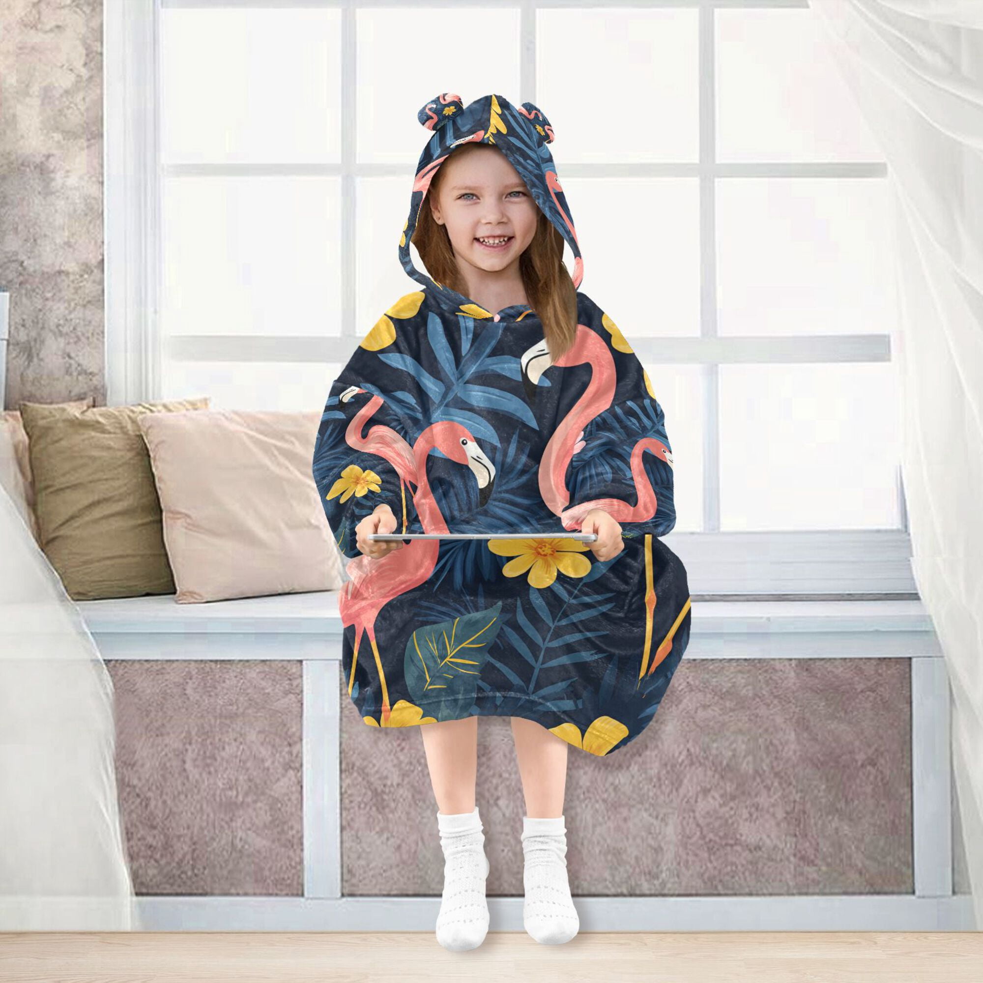 FORMRS Wearable Blanket Hoodie with Sleeves for Kids Cozy Flannel Sweatshirt, Floral Flamingo